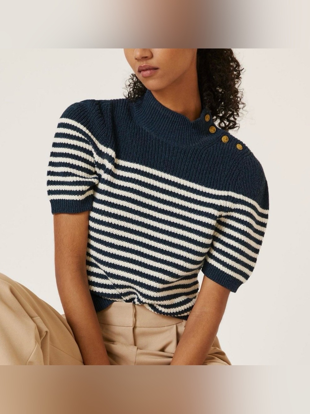 Maeve Anthropologie Navy & White Striped Button-Shoulder Short-Sleeve Sweater 3X